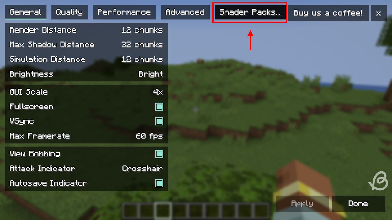 Valitse Shader Packs -painike