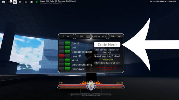 Arrow pointing to the codes menu in the Roblox Peroxide game.