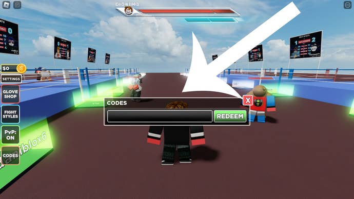Arrow pointing to the codes menu in the popular Roblox game Untitled Boxing Game.