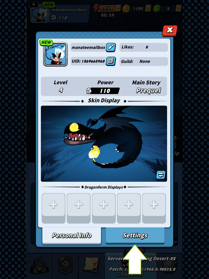 A screenshot of Dragon POW showing the game's Settings button.