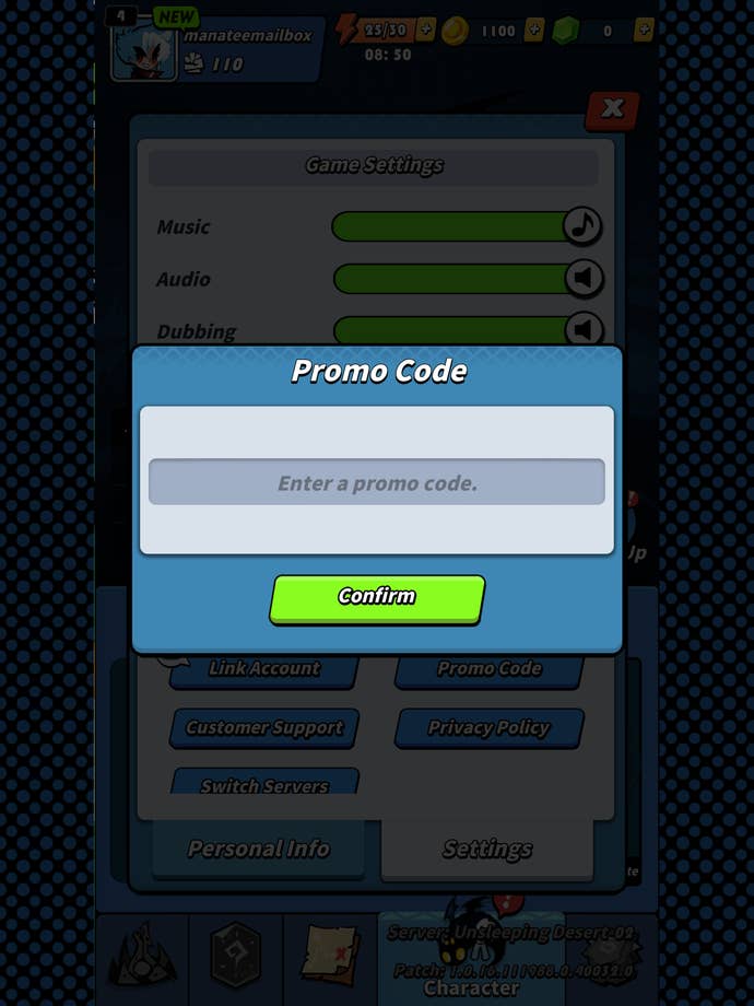 A screenshot from Dragon POW showing the game's promo codes menu.