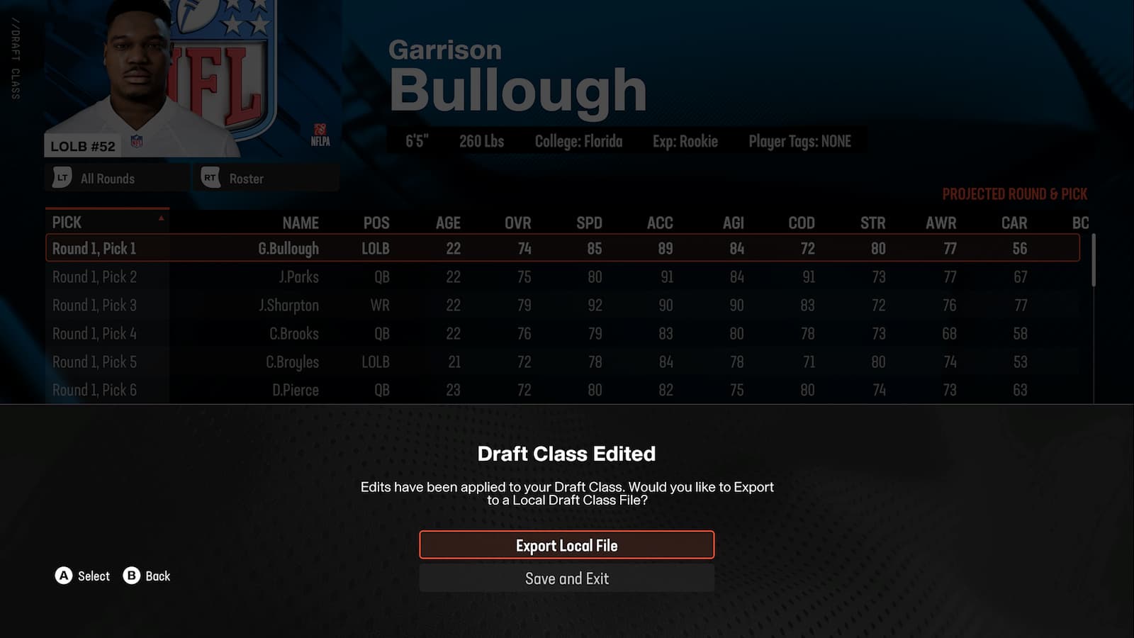 Opcja eksportu klasy draftu Madden 25