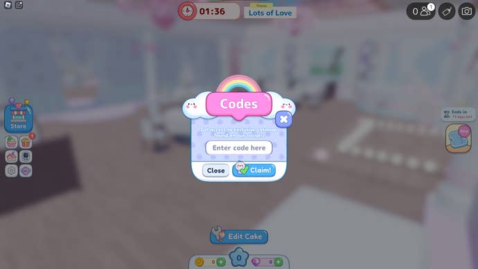 A screenshot of Cake Off in Roblox showing the game's code page.