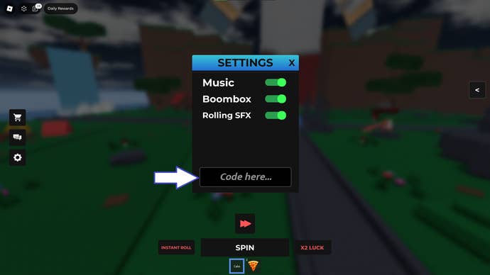 A screenshot of Admin RNG in Roblox showing the game's codes field.