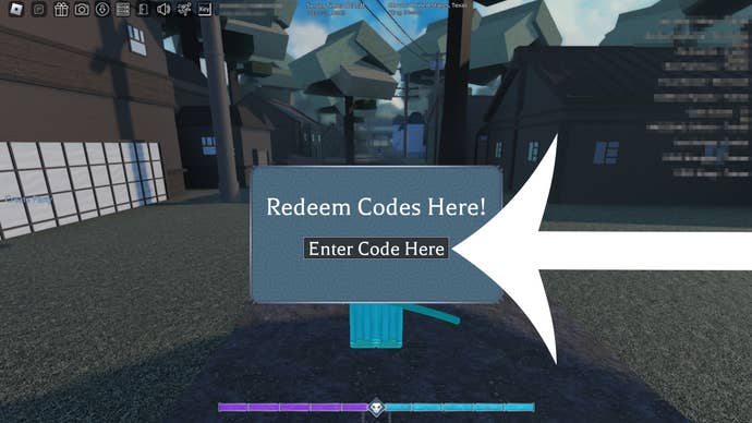 Flecha que apunta al menú de códigos en el juego de Roblox Type Soul.