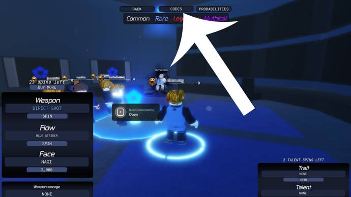 Arrow pointing to the codes button in the Roblox Meta Lock game.