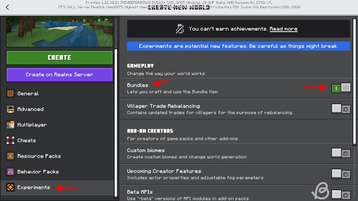 Enable "Packages" toggle the Experiences menu in Bedrock Edition