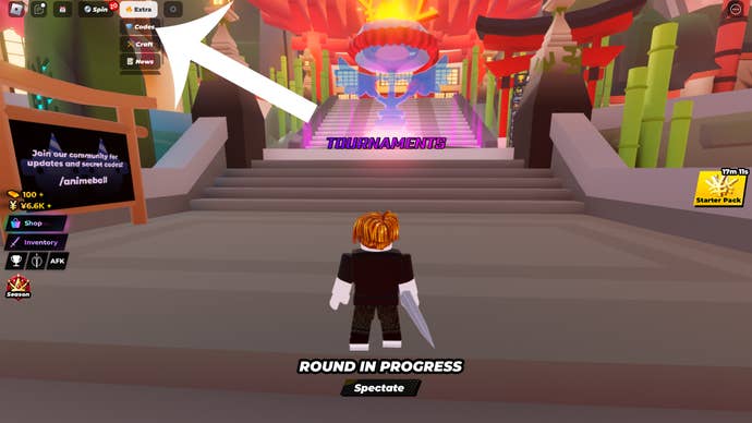 Pfeil, der auf die Code-Schaltfläche im Roblox-Spiel Anime Ball zeigt.
