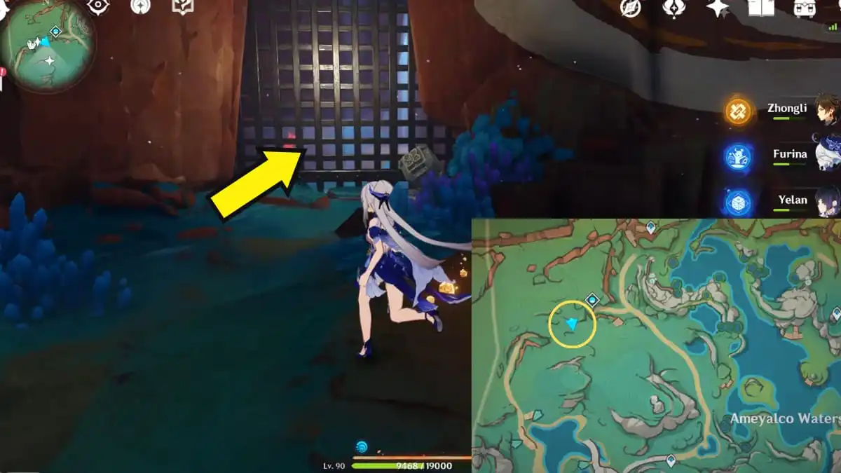 Flecha de Genshin Impact que apunta a la cueva