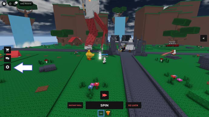 A screenshot of Admin RNG in Roblox showing the game settings button.