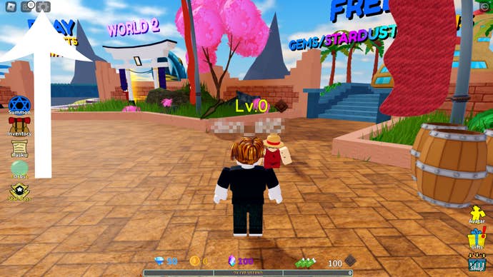 An arrow pointing to the button you need to press to redeem codes in the Roblox All Star Tower Defense game.