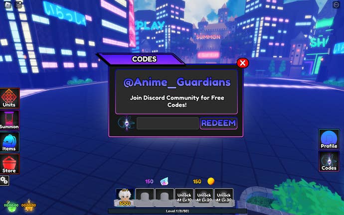 A screenshot of Anime Guardians in Roblox showing the game's code page.