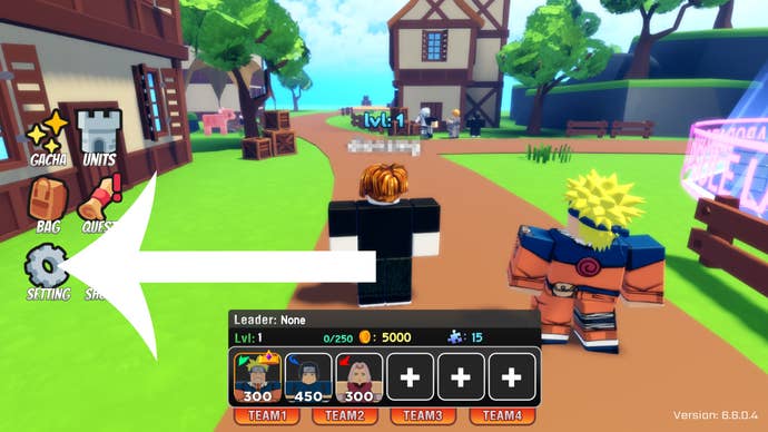 Arrow pointing to the button players should press to access the Settings screen in Anime World Tower Defense.