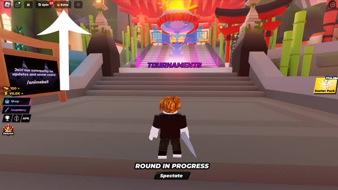 Pfeil, der auf die zusätzliche Schaltfläche im Roblox-Spiel Anime Ball zeigt.