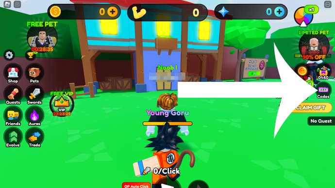 Strzałka wskazująca przycisk kodów w grze Roblox Anime Realms Simulator.