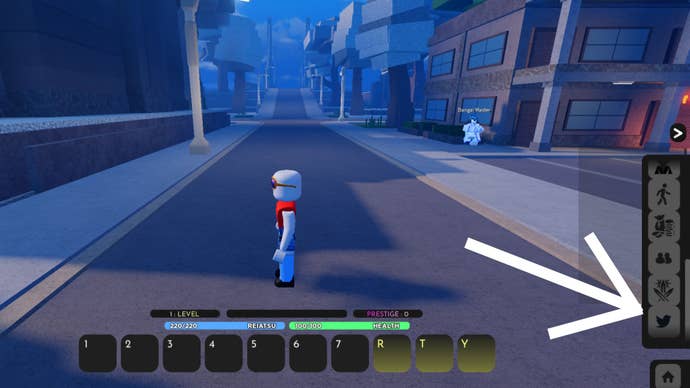 Roblox, biała strzałka wskazuje na prawą stronę ekranu, na ikonę realizacji kodu dla Reaper 2