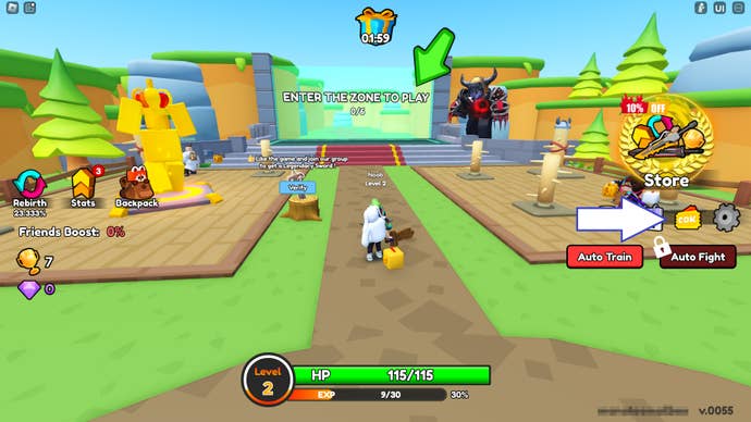 Zrzut ekranu z Warrior Simulator w Robloxie przedstawiający przycisk kodów gry.