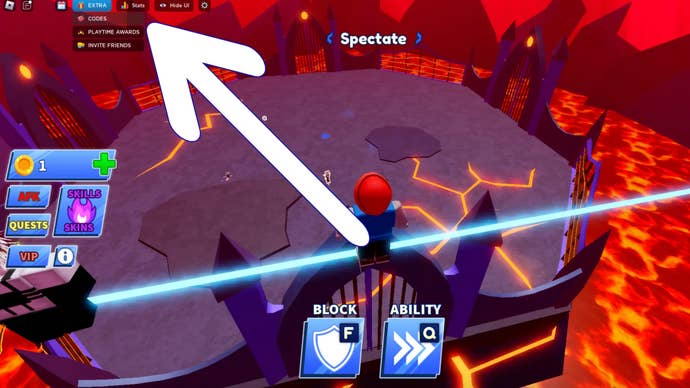 Arrow indicating the location of the codes button in the popular game Roblox Blade Ball.