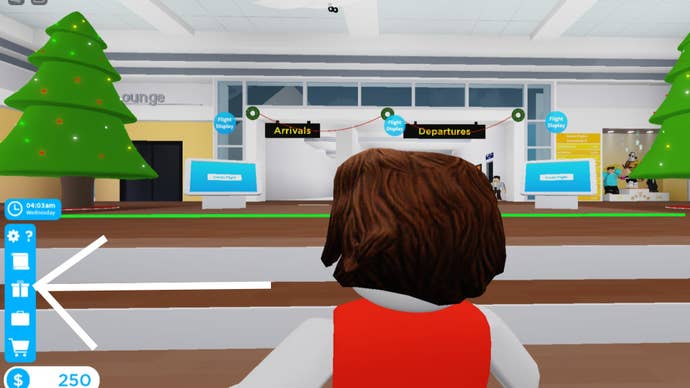 Roblox Cabin Crew Simulator, a white arrow points to the gift box icon on the left side of the screen.