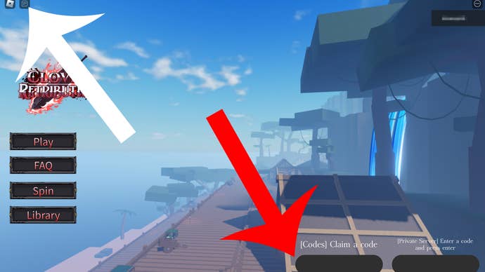 Arrows pointing to parts of the screen that players should click on to redeem codes in Clover Retribution.