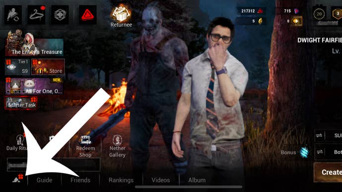 Dead by Daylight Mobile で設定画面に移動するためにプレイヤーが押す必要があるボタンを指す矢印。