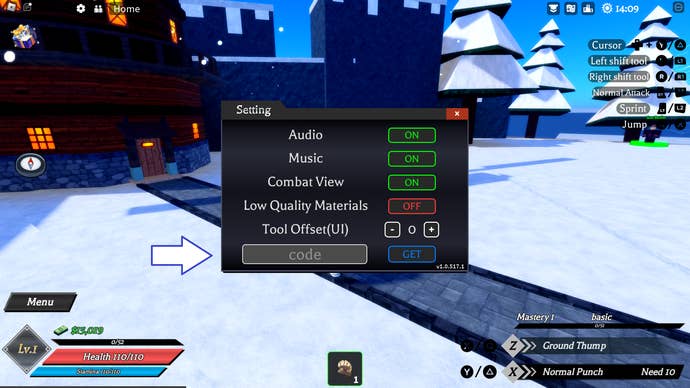 A screenshot of Demon Blade in Roblox showing the game's codes field.