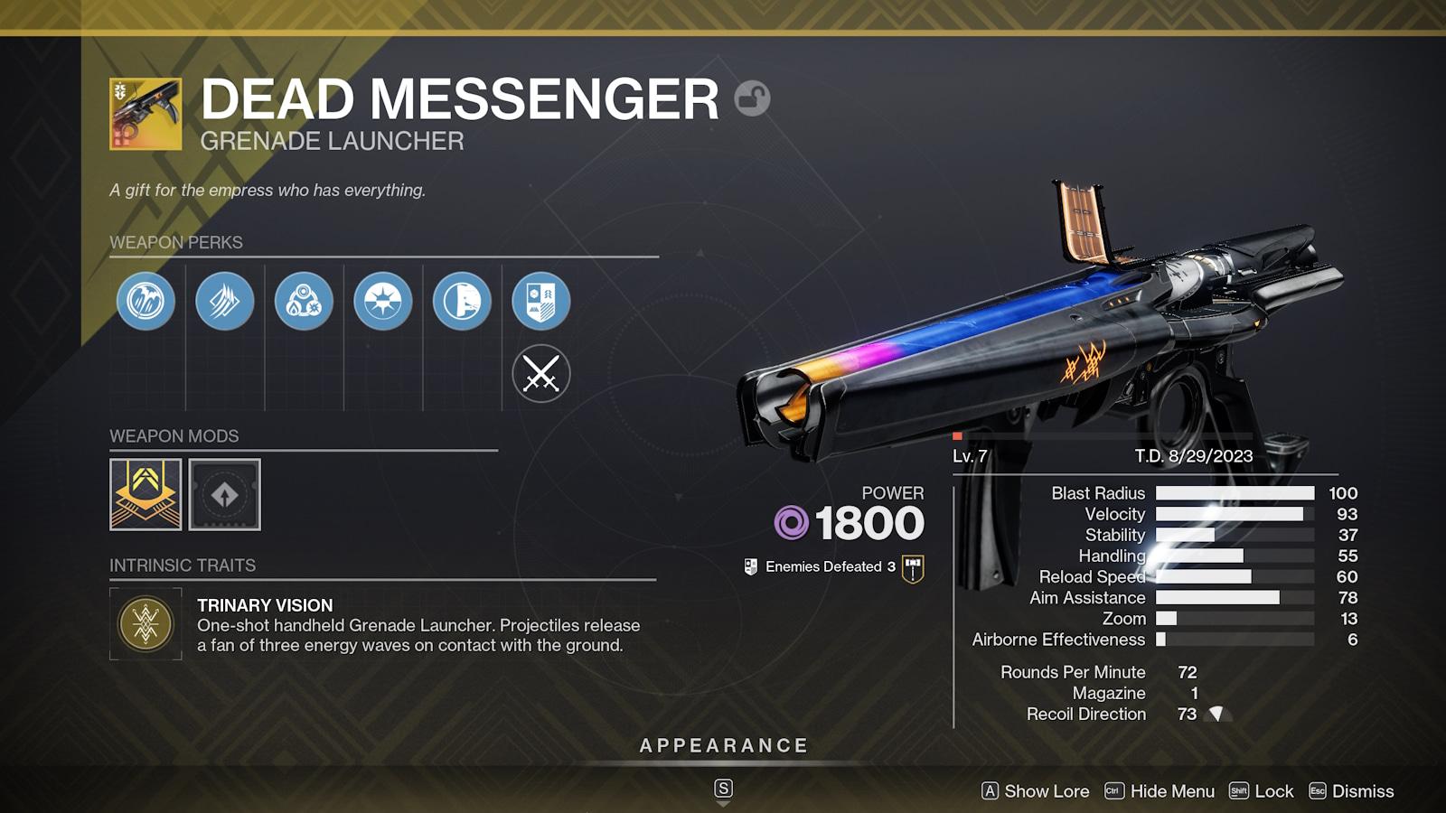 Tổng quan về vũ khí Exotic Dead Messenger trong Destiny 2.