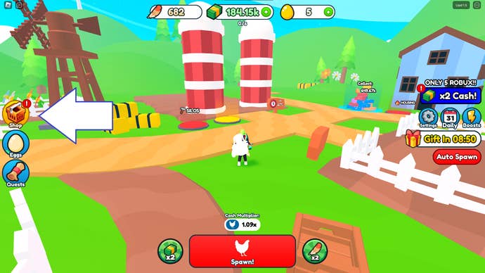 Ein Screenshot von Egg Empire in Roblox, der den Shop-Button des Spiels zeigt.