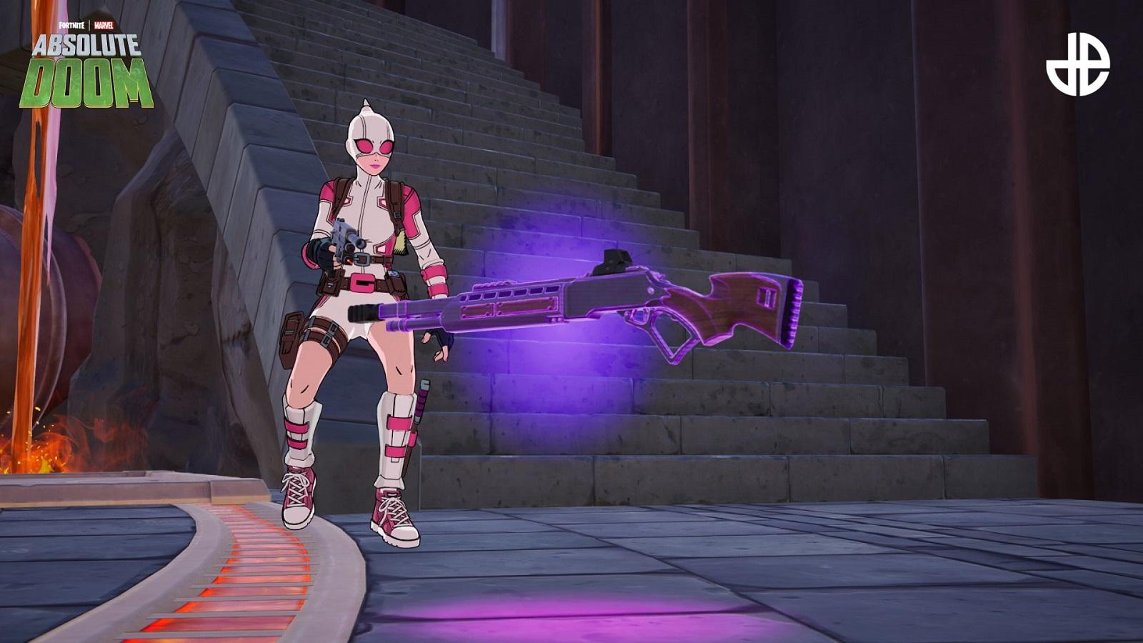 zrzut ekranu z gry przedstawiający Gwenpool i Suwerenną Strzelbę w Fortnite Rozdział 5 Sezon 4.