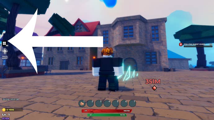 Arrow pointing to the menu button in Roblox Hunter Era game.