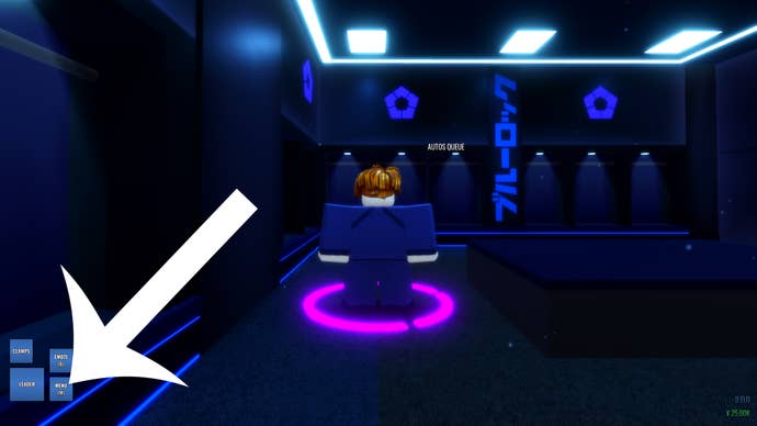Arrow pointing to the button that players must press to access the Roblox Locked game menu.