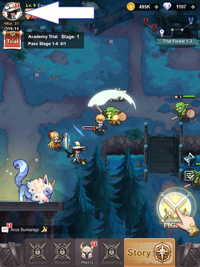 Een screenshot van Pixel Heroes waarop het avatarpictogram van het spel te zien is.