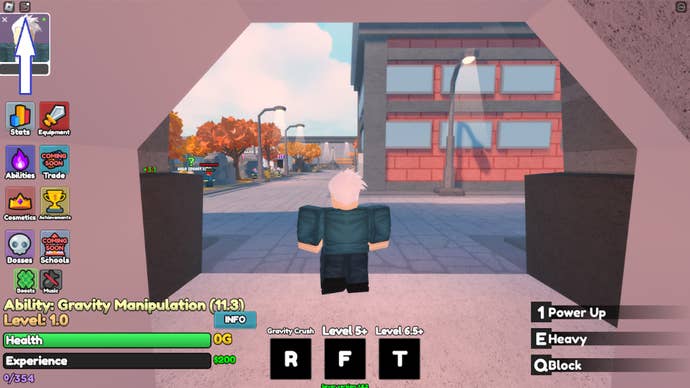 Arrow pointing to the button players should press to access the chat box and redeem codes in Ultra Unfair.