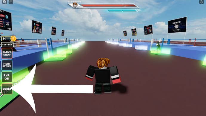 Arrow pointing to the button players must press to access the codes menu in Untitled Boxing Game.