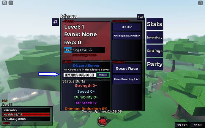 Une capture d'écran de Weak Legacy 2 dans Roblox montrant le champ de codes du jeu.
