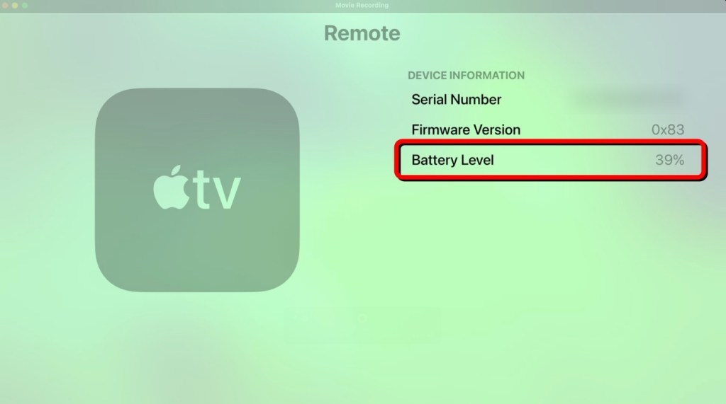 Check the battery level on the Apple TV remote