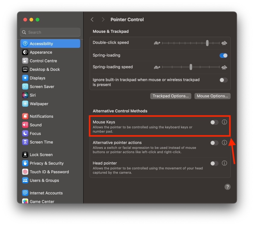 Disable Mouse Keys on Mac