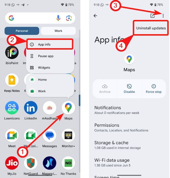 Odinstaluj aktualizacje - naprawa awarii Map Google