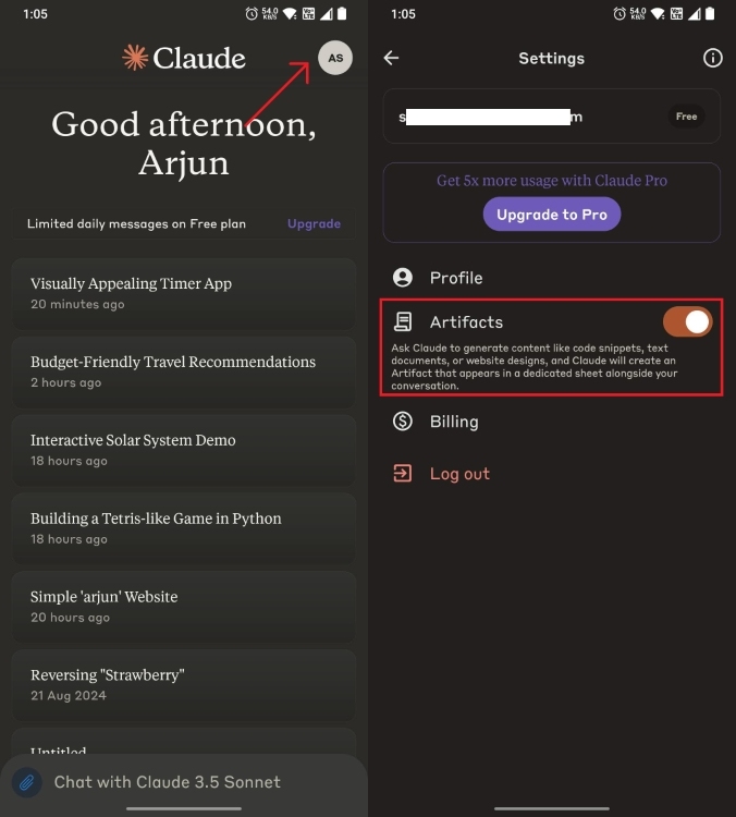 enable Claude's artifacts on Android
