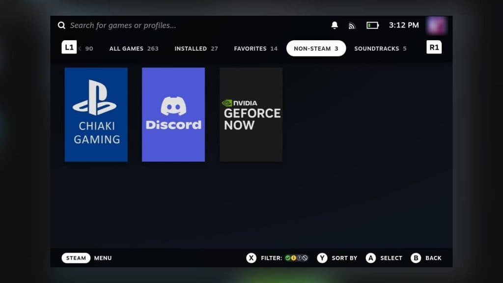 Screenshot of the non-Steam tab in Game Mode on a Steam Deck.