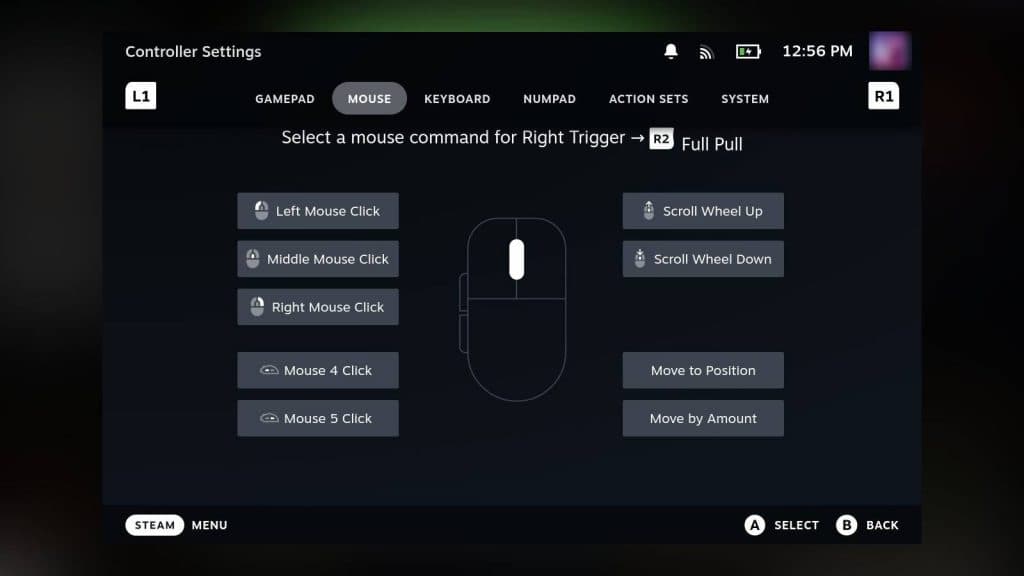 Screenshot of controller settings on Steam Deck.