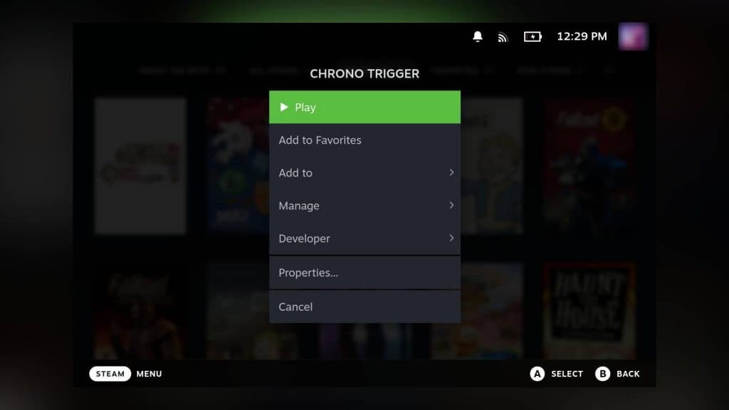 Screenshot of the game mode on the Steam Deck.
