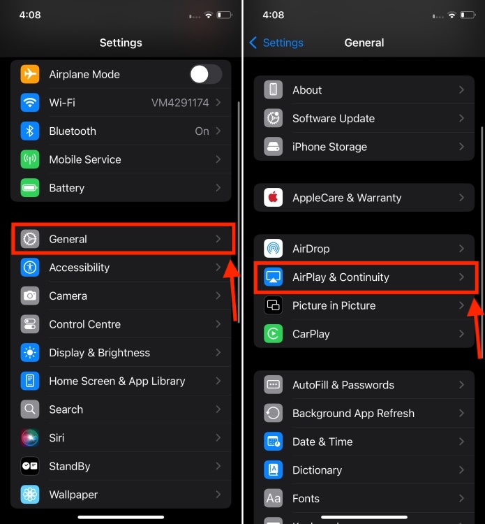 AirPlay and Continuity in iPhone Settings.