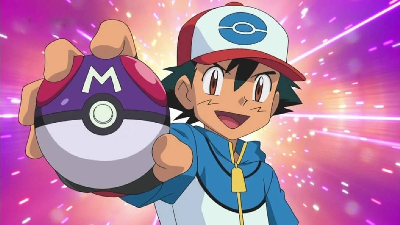 Ash Ketchum trzyma w dłoni Master Balla