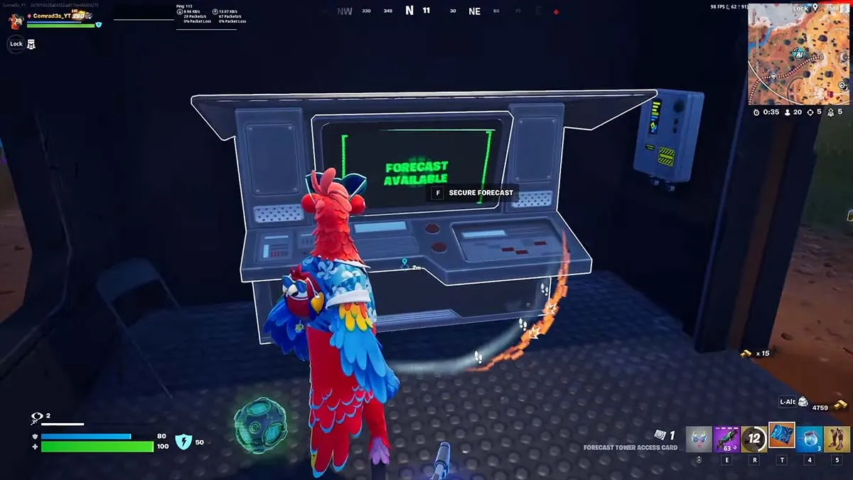 Giocatore di Fortnite che usa la torre delle previsioni
