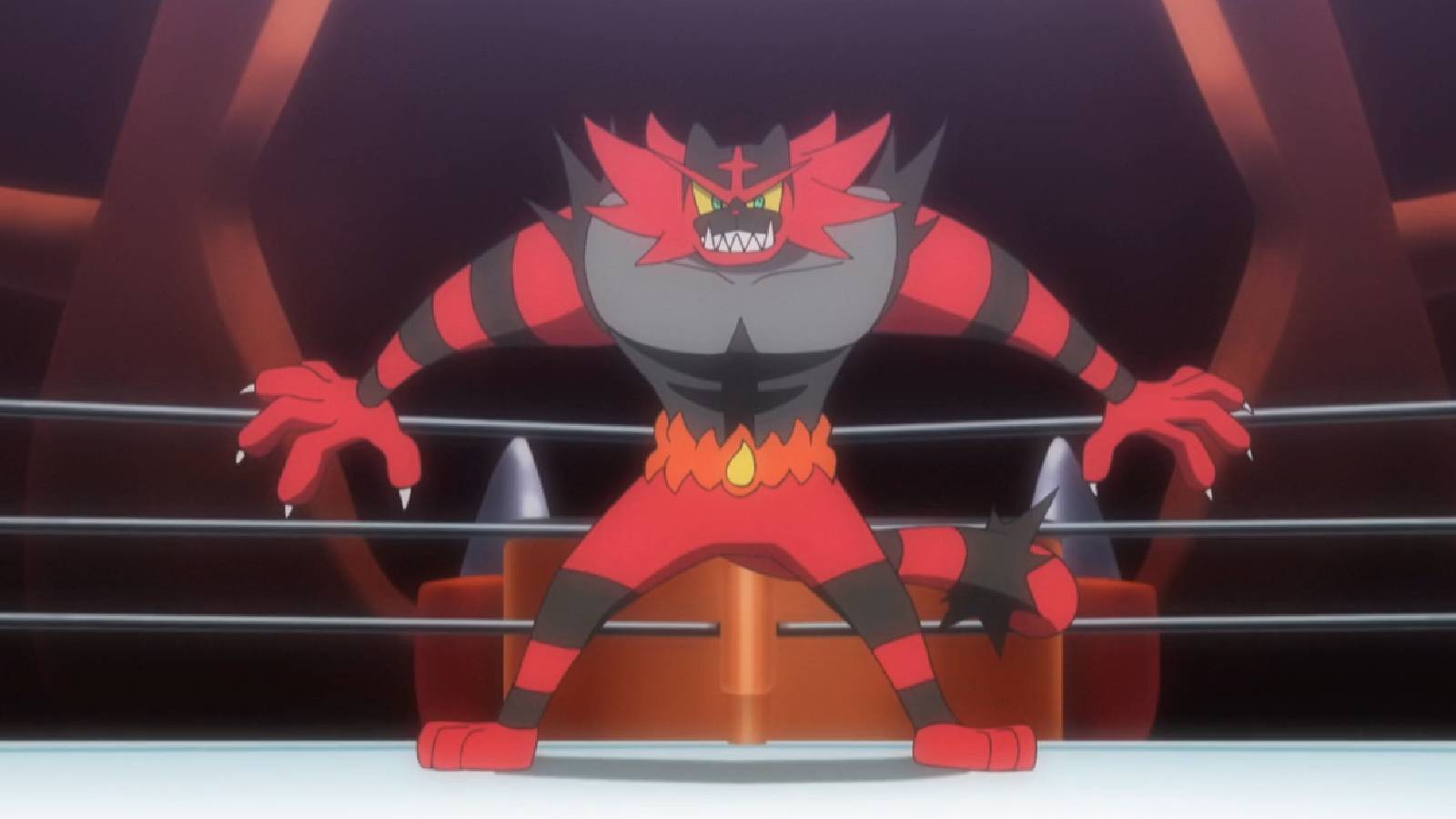 The Pokémon Incineroar stands in a wrestling ring.