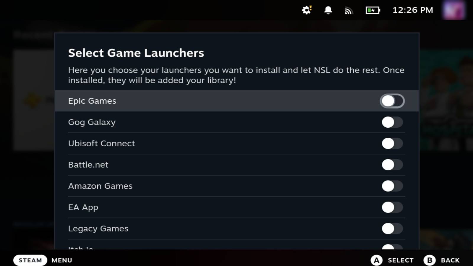 Screenshot del plugin NonSteamLauncher Decky su Steam Deck.