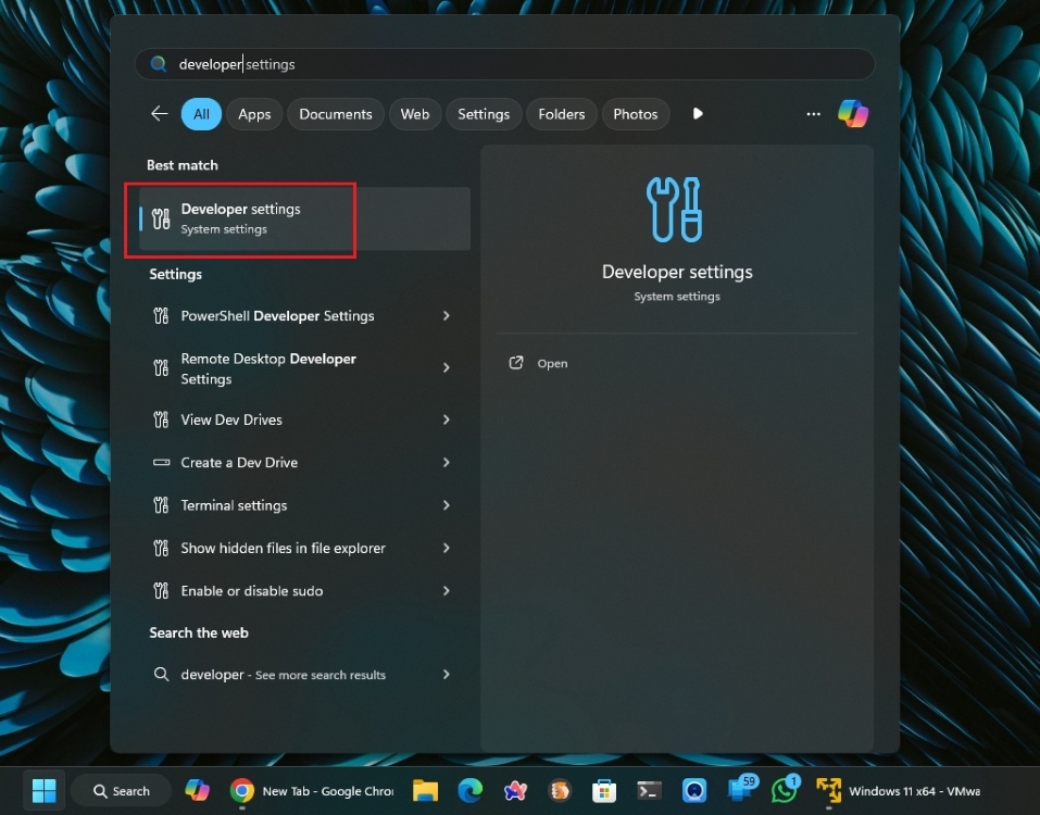 otwórz ustawienia programisty windows 11 menu start