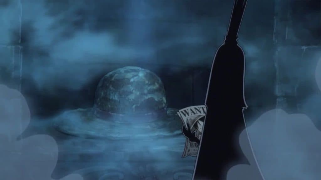 An image of Imu standing next to a giant straw hat and holding Luffy's bounty poster