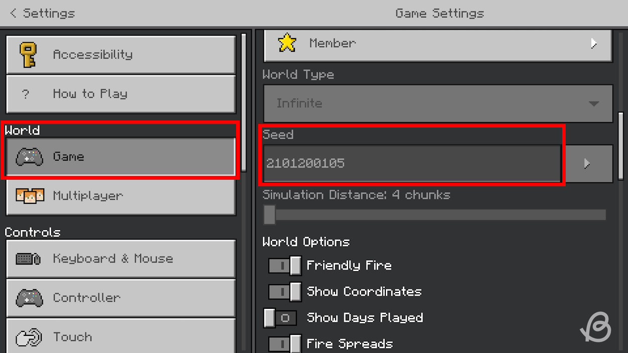 Map seed code on Bedrock edition in settings